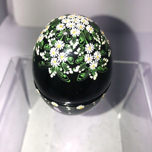 Alabaste wood egg Thailand hand painted Trinket Box 3.5" daisis on black - Picture 6 of 7